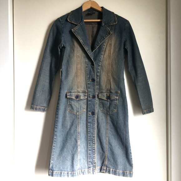 Vintage Y2K Long Stretchy Button Down Cream Washed Denim Dress - Picture 1 of 16